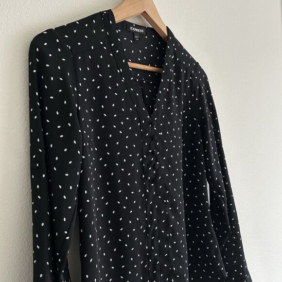 Express Black Semi Sheer Blouse Polka Dot White Leaves Size XXS Career Classic - Picture 8 of 16
